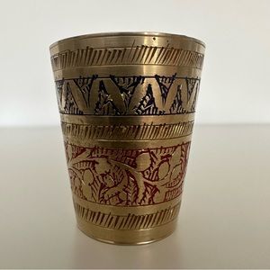 Anthropologie Vintage Brass Enamel Cup with Red and Navy Blue Etched Detailing